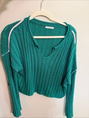Timing Teal Ribbed V-Neck Sweater